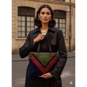 Veg Roberta di Camerino Velvet Chevron Tote Bag Navy Red Green - Pristine inside